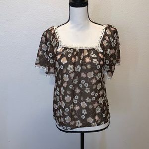 Candie’s brown floral lace sheer blouse